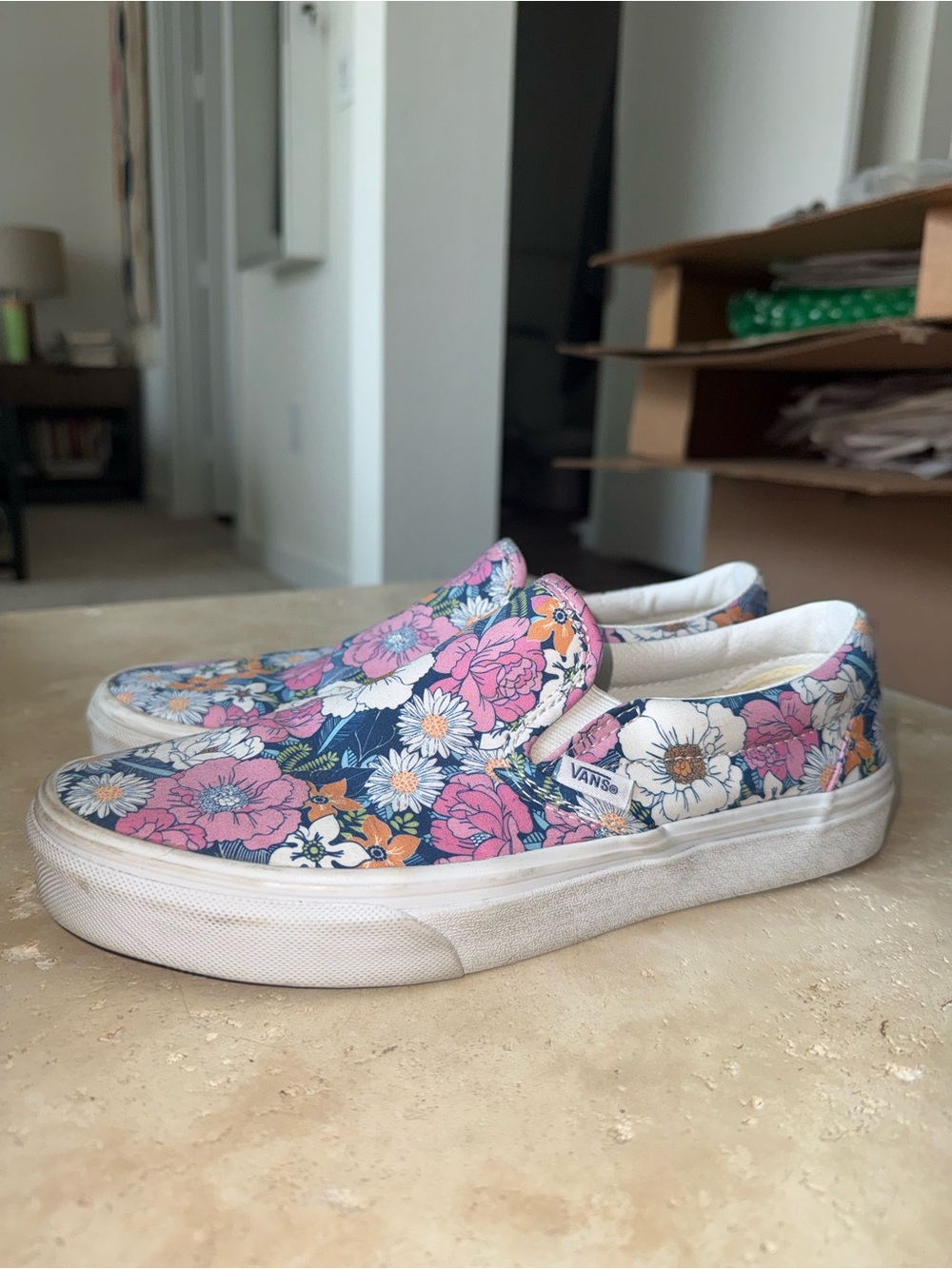 Vans Kids Floral Slip-On Sneakers in Navy, Pink & White - Picture 2 of 3